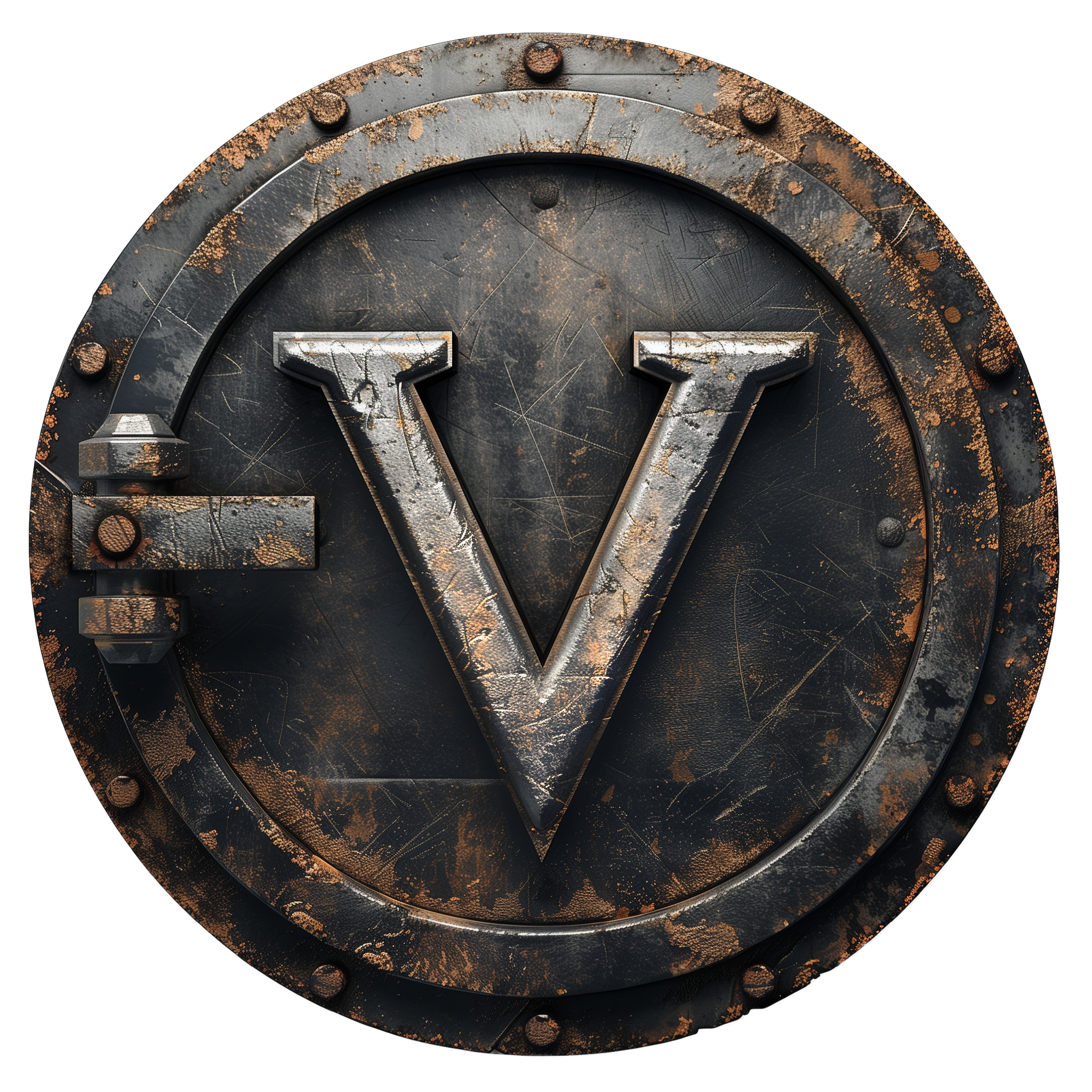 The Vault logo which is a rusty circular vault door with a hindge on the left and big bolts alla round it's edge