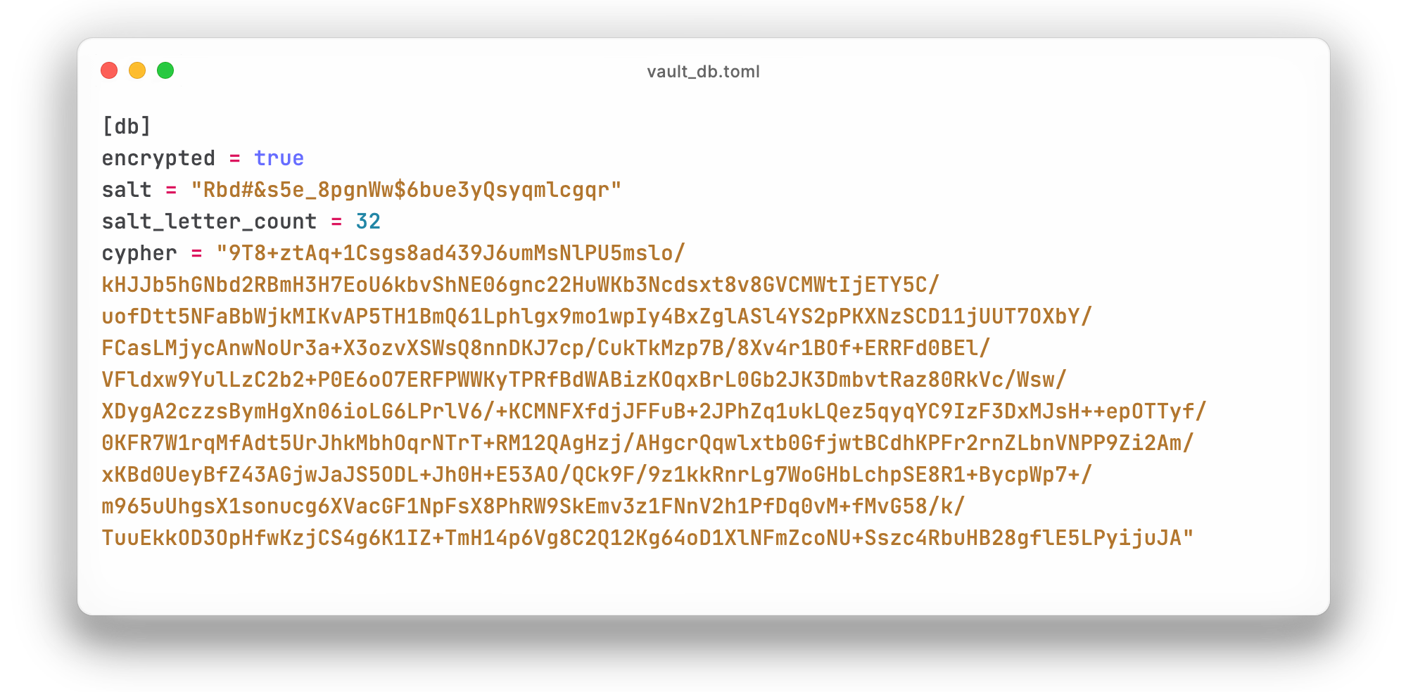 A screenshot of the database file named vault_db.toml. The contents is: [db] encrypted = true salt = '[random letters]' salt_letter_count = 32 cypher = '[cyphertext]'