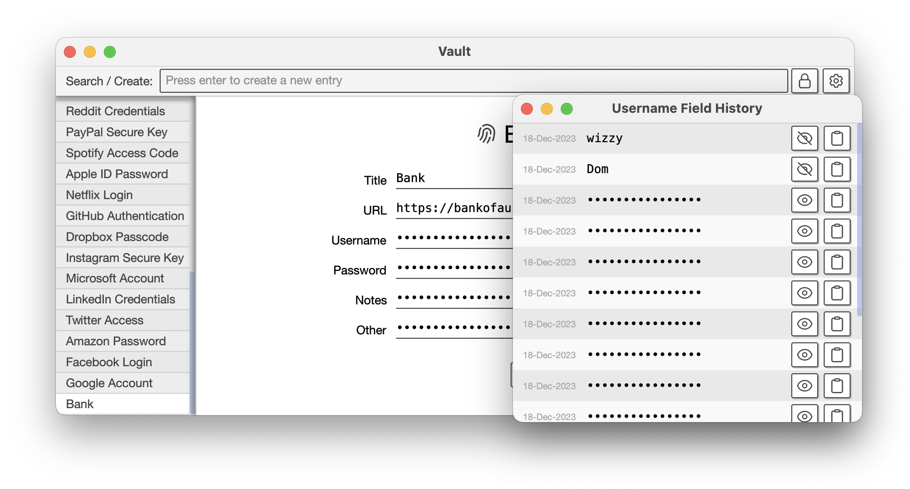 A screenshot of the histroy window that shows a list of values for that field with dates and buttons. Each value is hidden with dots and the top two entries are revealed to clear text.