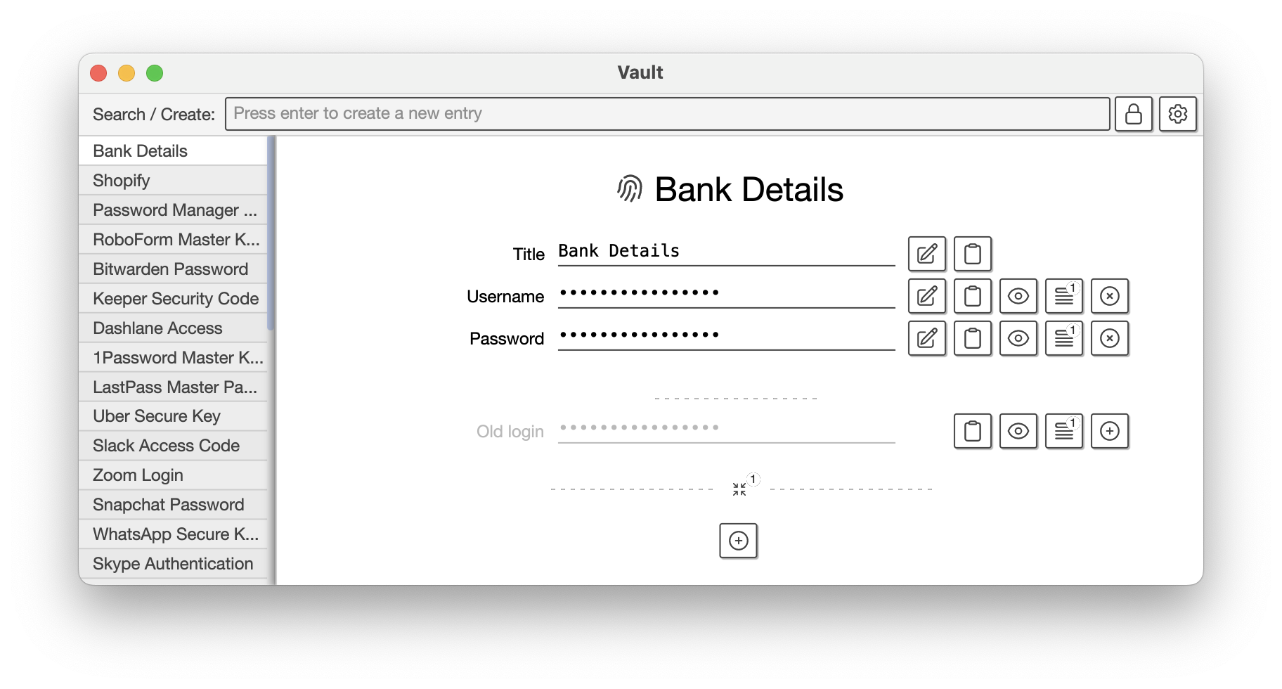 A screenshot of an entry titled Bank Details with the archive section expanded showing fields previously deleted.