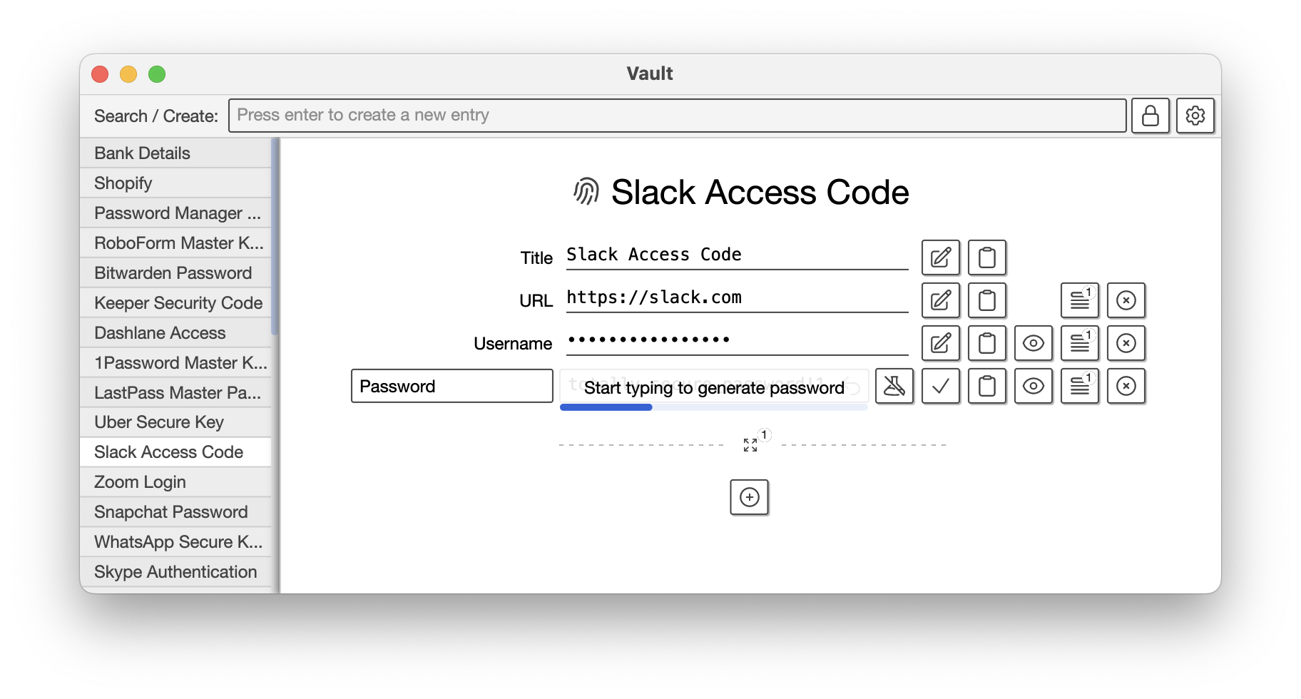 A screenshot of the password field being overlaid by text that says start typing to generate password with a progress bar one third done.