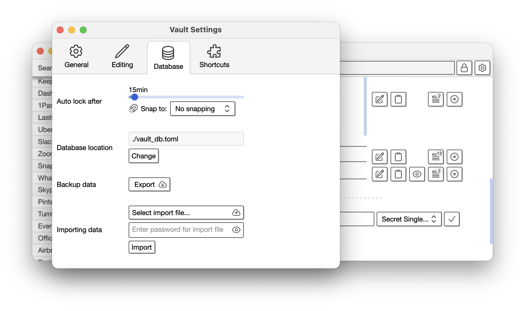 A screenshot of the settings window showing four tabs titled General, Editing, Database and Shortcuts. The acive tab, Database, shows settings for the auto-lock timeout, changing the location of the database file and import and export functionality.